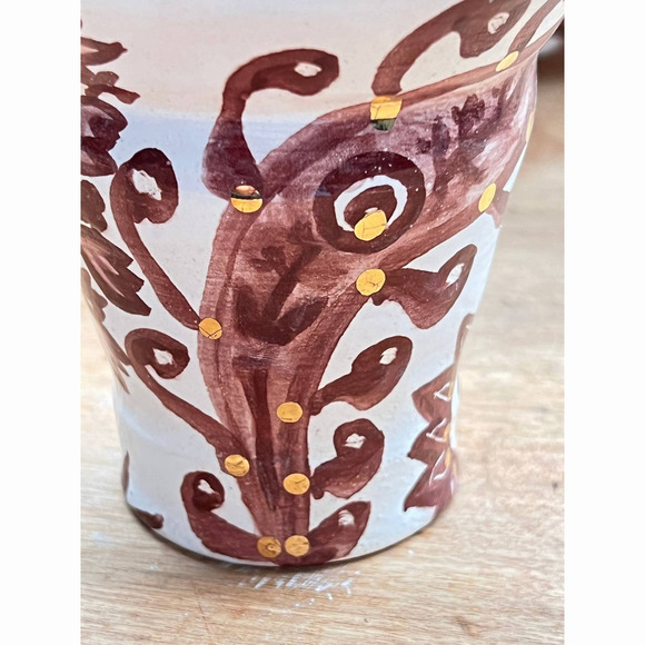Ceramic Vase/Pen-Pencil Holder Brown Designs on White/Genuine 18k Gold Accents - Picture 5 of 7